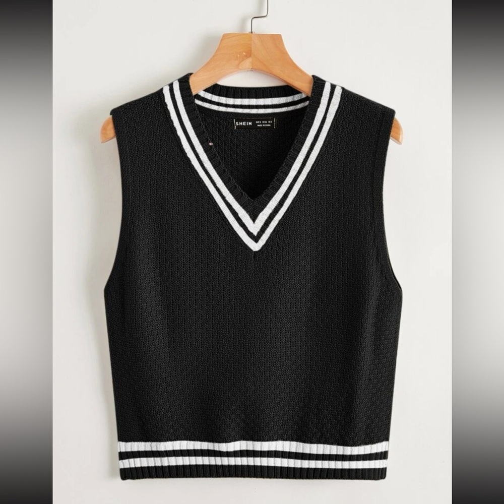 Black Sweater Vest / Top with White Stripes